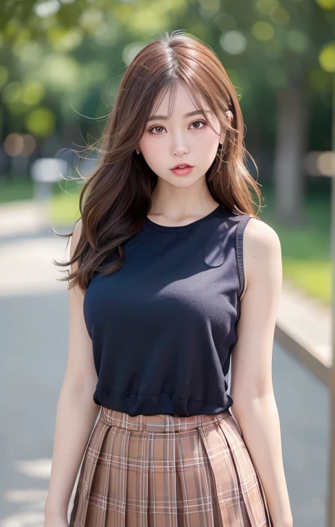 (a gorgeous Eurasian woman, age 28, morning dawn, wearing Sleeveless Solid Ladylike Vests, Pleated Plaid Skirt, short disheveled hair, super definition face, fine eyes with double eyelids, dimpled cheeks, beautiful lips, fair skin, super cute and soft face, brown hair, soft toned body, medium round bosom, healthy body proportion, 8k resolution, super realistic, super definition, highest definition, masterpiece, bokeh_background, cowboy_shot, SFW)