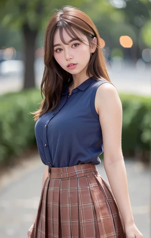 (a gorgeous Eurasian woman, age 28, morning dawn, wearing Sleeveless Solid Ladylike Vests, Pleated Plaid Skirt, short disheveled hair, super definition face, fine eyes with double eyelids, dimpled cheeks, beautiful lips, fair skin, super cute and soft face, brown hair, soft toned body, medium round bosom, healthy body proportion, 8k resolution, super realistic, super definition, highest definition, masterpiece, bokeh_background, cowboy_shot, SFW)