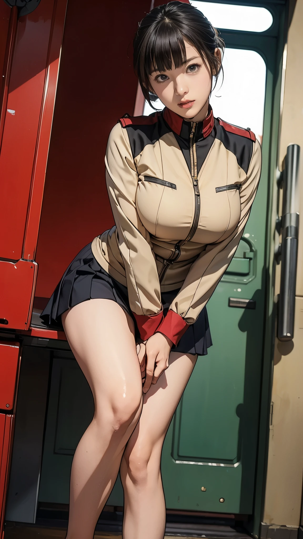 ****************、Earth Federation Operator Girl Soldier、Black short hair、Large Breasts、Idol-level cuteness、Childish face and appearance、Operator intercom mounted on head、Accurately drawn faces、thin、健康的なKnee-lengthスカート風の地球連邦軍制服、Knee-length、Inside the bridge of a battleship、Low angle shot、Anatomically correct、Accurate Fingers、Accurate Rimbuster Piece、Photorealization