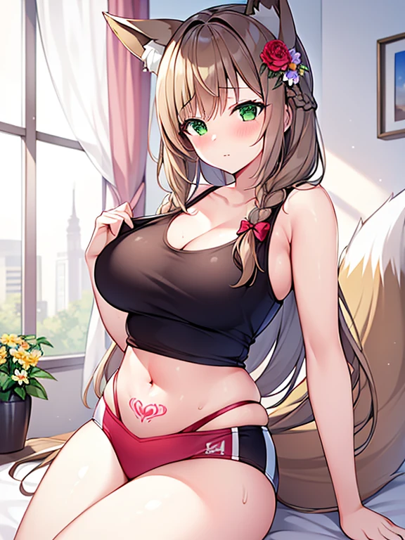 masterpiece, Highest quality, Highest Resolution, One girl, alone, Oversized fox tail，Green Eyes，(Long brown hair_Sideways French braided hair)，Small flower head dress, (Age 27，Busty Wife)_Mature female figure_F Cup，modern architecture，(Blushing:1.3),Represents medium , On the stomach_Succubus Tattoo, Mature Woman, sexy sports vest