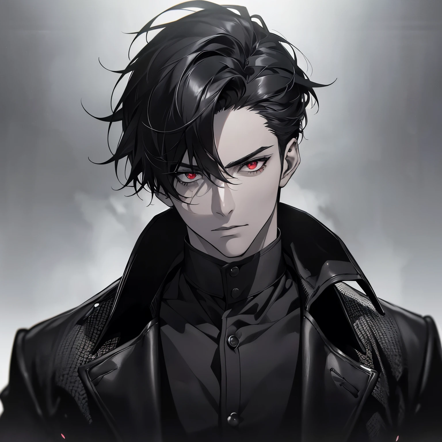 a handsome man with short black and White stripes hair and Sharp ￼red eyes, wearing a black coat, in a monochrome background, (best quality,4k,8k,highres,masterpiece:1.2),ultra-detailed,(realistic,photorealistic,photo-realistic:1.37),portrait,dramatic lighting,cinematic,moody,high contrast,sharp focus,chiaroscuro, anime