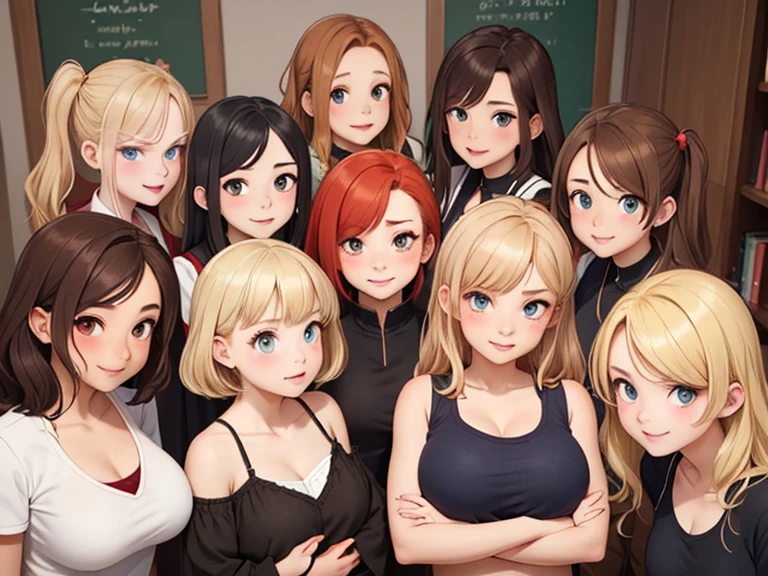 (Best quality, masterpiece), group photo of 8 very different beautiful students, different emotions, Free postures, Different hair colors(among them there is only 1 redhead, 3 blondes, 2 brown-haired and 2 brunettes), Different hairstyles, different hair lengths, different eye colors, Different physiques, Different breast sizes, (there is definitely 1 gloomy Asian brunette in the photo, 1 short-haired blonde duck, 1 long haired redhead, 1 brunette hippie with pigtails, 1 short brown-haired woman with huge breasts), graduation photo album, beautiful faces, upper body