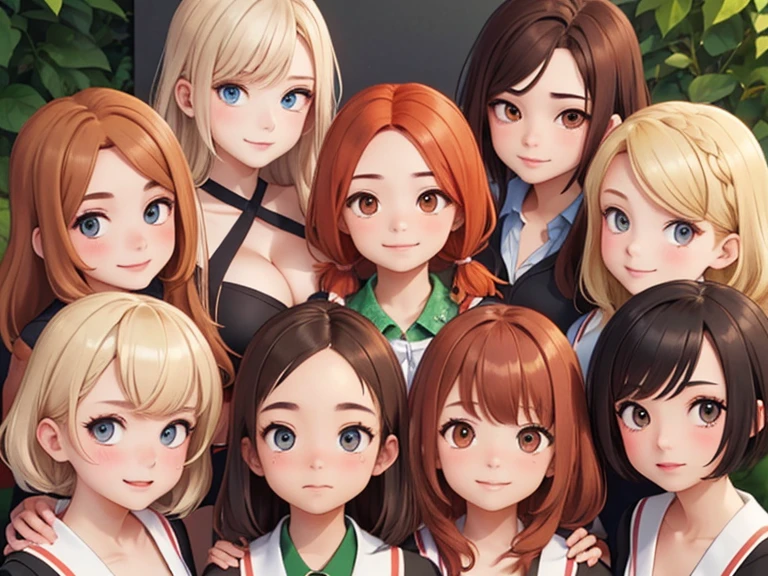 (Best quality, masterpiece), group photo of 8 very different beautiful students, different emotions, Free postures, Different hair colors(among them there is only 1 redhead, 3 blondes, 2 brown-haired and 2 brunettes), Different hairstyles, different hair lengths, different eye colors, Different physiques, Different breast sizes, (there is definitely 1 gloomy Asian brunette in the photo, 1 short-haired blonde duck, 1 long haired redhead, 1 brunette hippie with pigtails, 1 short brown-haired woman with huge breasts), graduation photo album, beautiful faces, upper body