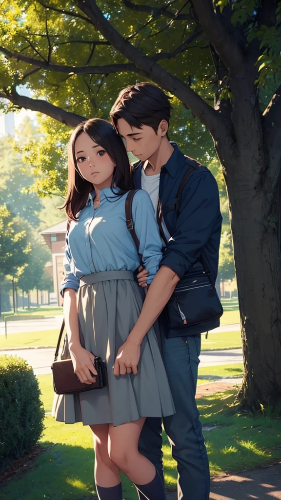 A couple is going to school in the morning. The girl is wearing small clothes, big hips, with bags behind her, and her is near trees. Moody color tone, sharpness, sunlight