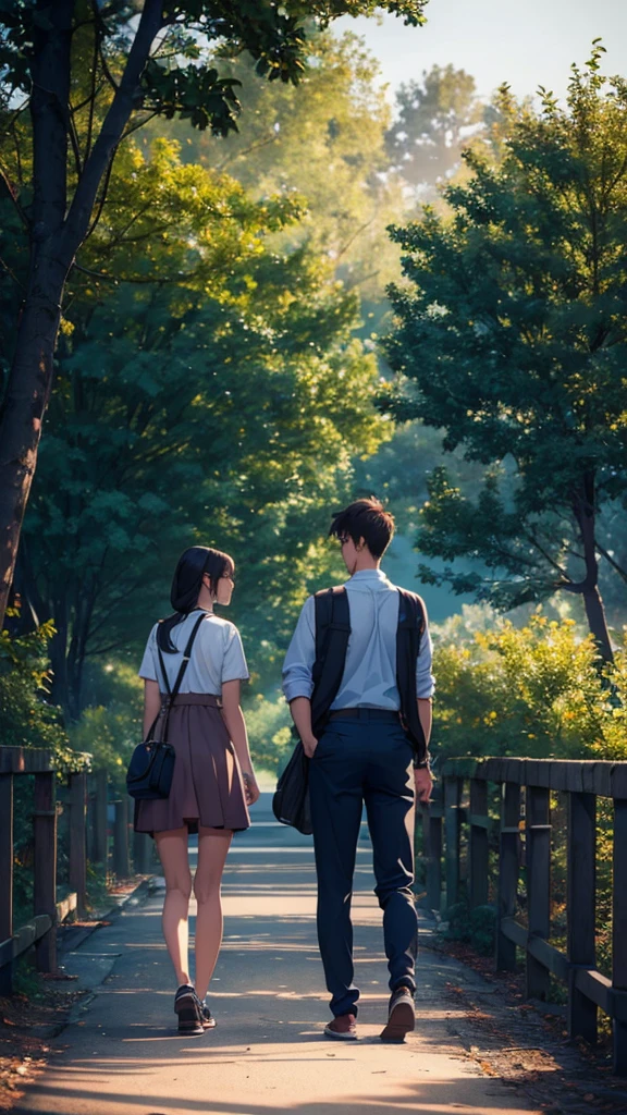A couple is going to school in the morning. The girl is wearing small clothes, big hips, with bags behind her, and her is near trees. Moody color tone, sharpness, sunlight
