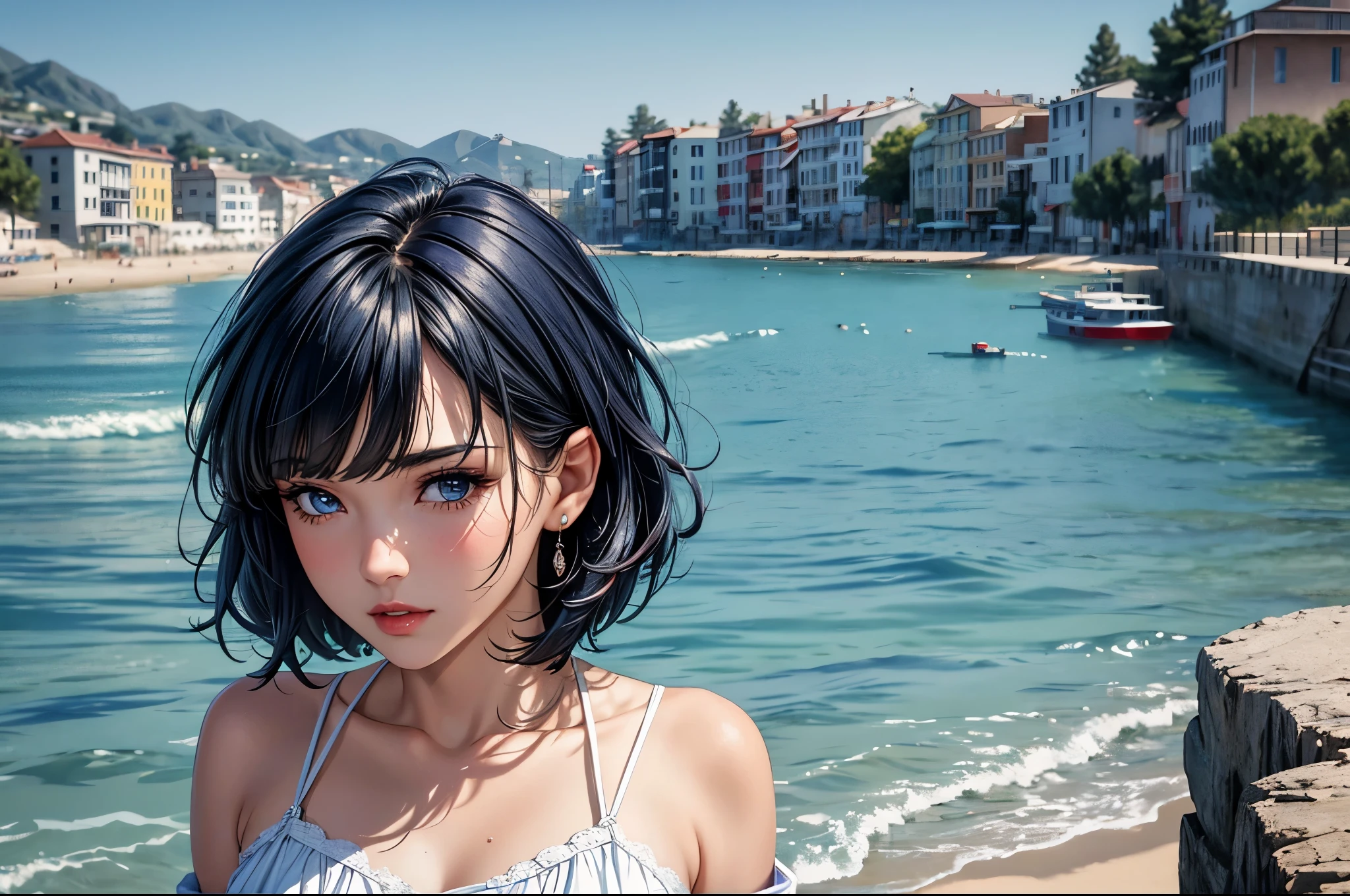 (best quality, 8K, masterpiece:1.3), pretty Woman, 1 girl, beautiful face, Dark-blue hair, blunt bangs short hair, white casual dress, Ultra-detailed face, Detailed lips, super detailed eyes, double eyelids, long upper eyelashes, Soft skin, HD skin, Mediterranean, Vacation Homes, pier, seaside, Water Street, 8k, Super detailed, best quality detail, retina, Ultra-high resolution, masterpiece, ccurate