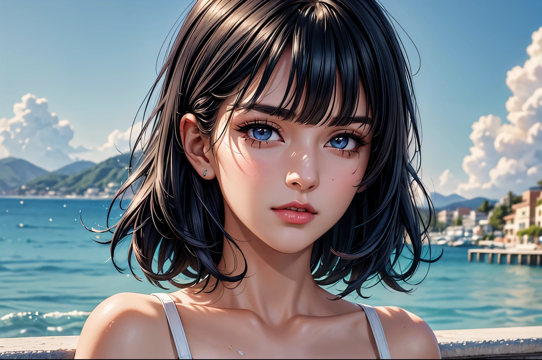 (best quality, 8K, masterpiece:1.3), pretty Woman, 1 girl, beautiful face, Dark-blue hair, blunt bangs short hair, white casual dress, Ultra-detailed face, Detailed lips, super detailed eyes, double eyelids, long upper eyelashes, Soft skin, HD skin, Mediterranean, Vacation Homes, pier, seaside, Water Street, 8k, Super detailed, best quality detail, retina, Ultra-high resolution, masterpiece, ccurate