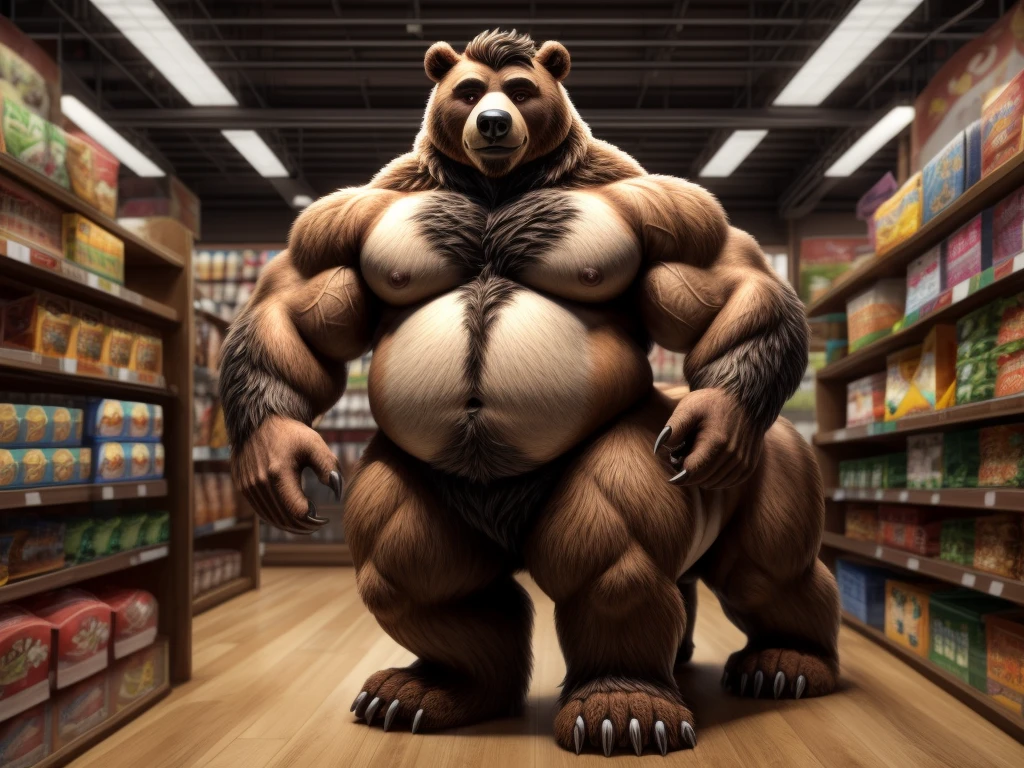 furry, fur taur, beartaur, middle-age, solo,1man, look at viewer, detailed face, bear ears, bear eyes(brown), bear nose(black), bear mouth, garibaldi beard(grey), hair, mature hair(grey), detailed arm, thick arm, forearm hair, muscular, thick hands(5 fingers), thick claws, detailed body belly, thick body, muscle belly(white), thick chest, chest hair(white), nipples, detailed taur body, thick taur body, waist hair, thick bear paws, bear paws hair, thick bear claws, thick bear tail, full body shot, standing in the store