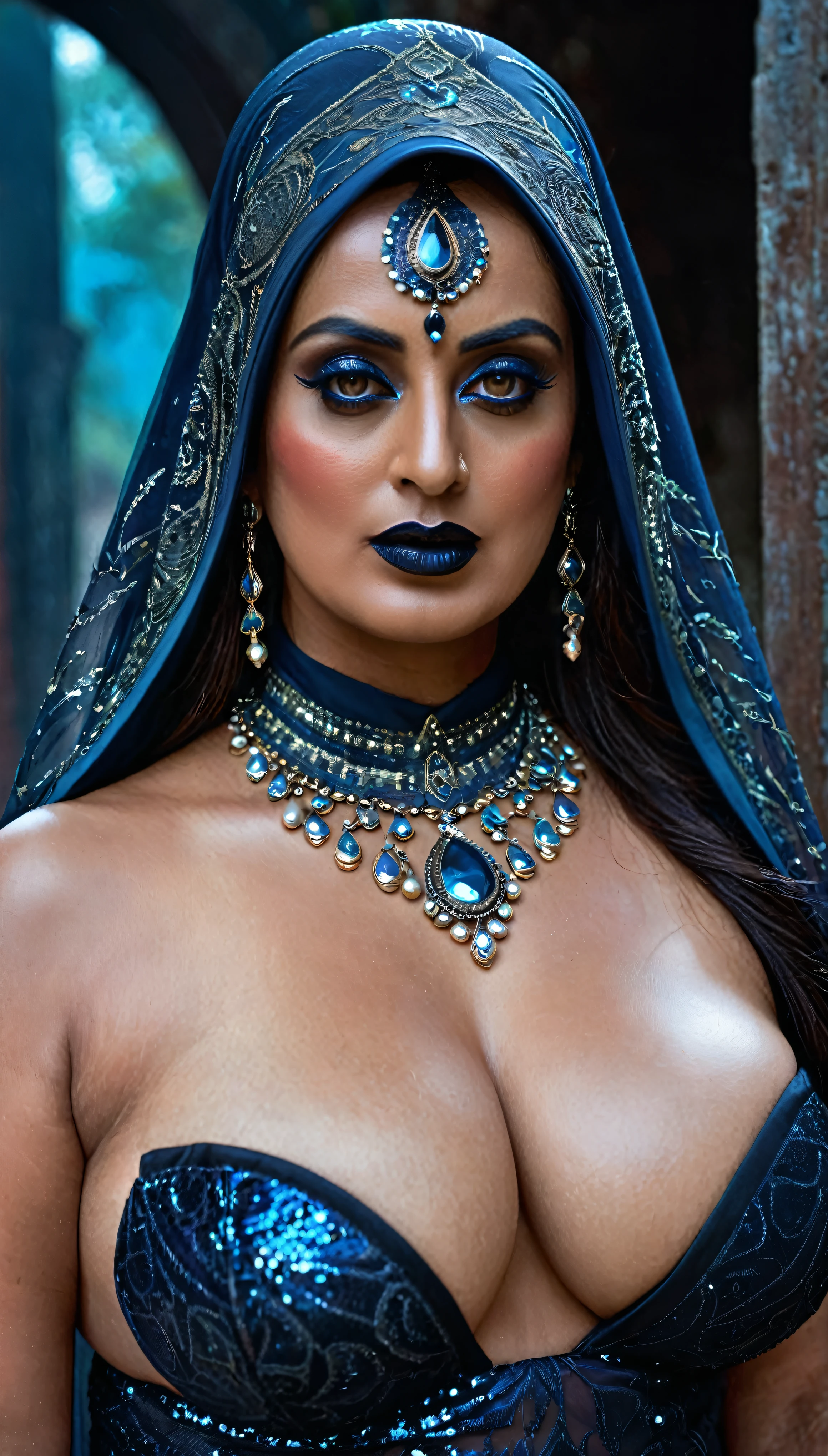 Looks like Mahie Gill, full body Closeup shot, Big chubby aunty, milf, cougar lady witch, horny Gothic milf, evil mommy, naughty evil woman, satan woman, 70 years old gorgeous mature lady, pervert demoness, demoness of lust, curvy, black lips, horny face, extremely gorgeous, thick figure, heavy physique, voluptuous, curvy, sexy figure, Fashionable portrait of androgynous alien looking witch wearing veil, glowing eyes, futuristic design, minimal details, givenchy, photoreal, 200mm, hd, f/ 2.0, highly detailed, surreal, sexy beautiful evil woman, sexy bold sequin Saree with strapless Bra, chudail, Pishachini, horror genre, blood-thirsty enchantress, powerful female spirit, eerie, drop dead, in the style of red and blue, (intricate details, hyperdetailed:1.15) (skin texture:1.2), dark Moody tone, cinematic lighting, haunted place in background,