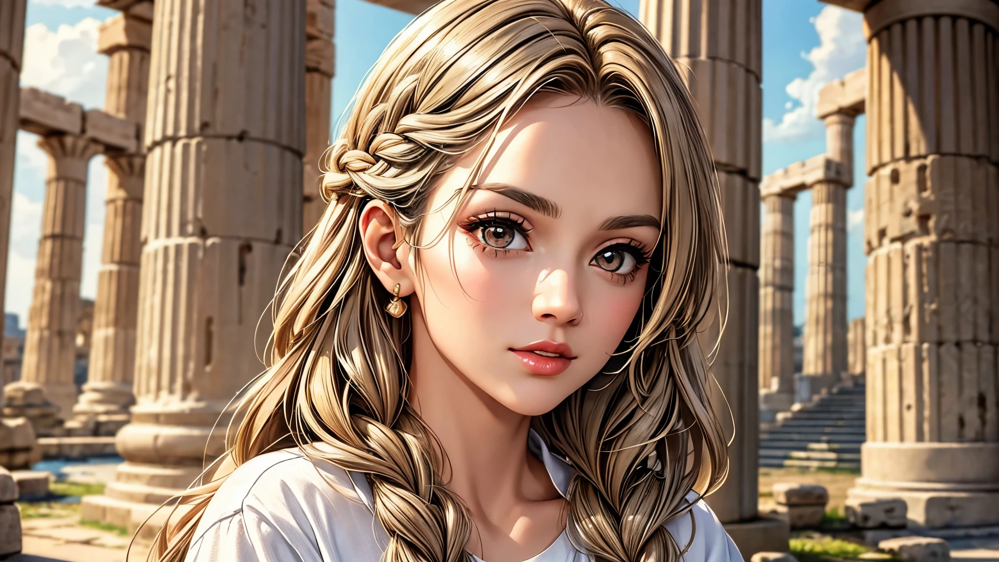 (best quality, 8K, masterpiece:1.3), pretty Woman, 1 girl, beautiful face, (Sexy), light brown gradient hair, blunt bangs wavy long hair side braids, long braid, white casual dress, Ultra-detailed face, Detailed lips, super detailed eyes, double eyelids, long upper eyelashes, Soft skin, HD skin, Mediterranean, Athens, Ancient miracles, Greek temple ruins, Giant pillars, 8k, Super detailed, best quality detail, retina, Ultra-high resolution, masterpiece, ccurate