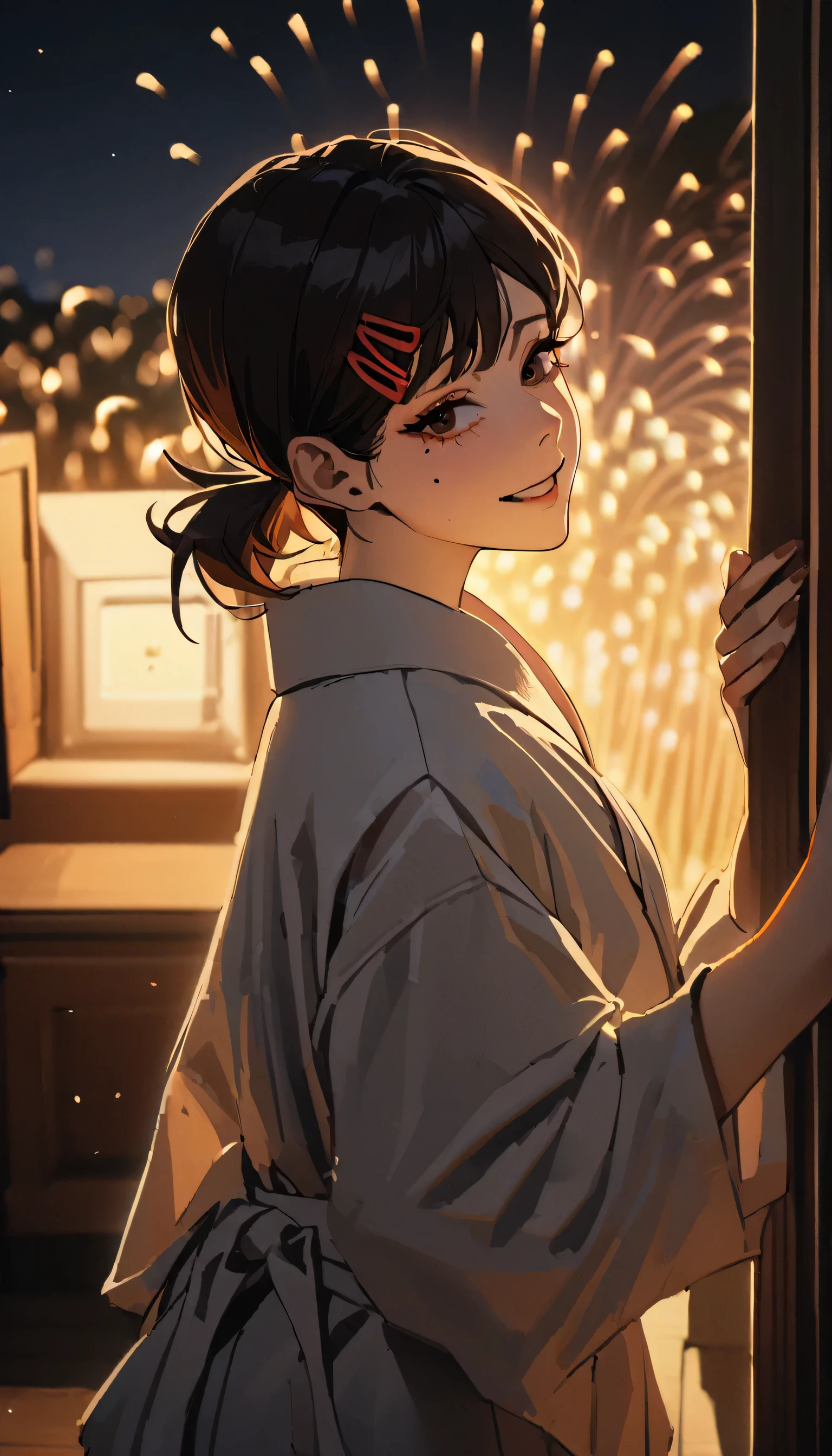 1girl, higashiyama kobeni, wearing kimono with firework in background, (masterpiece), cinematic, beautiful light, best quality, newest,safe, absurdres, smiling , look at viewers, tilt head, turn head back