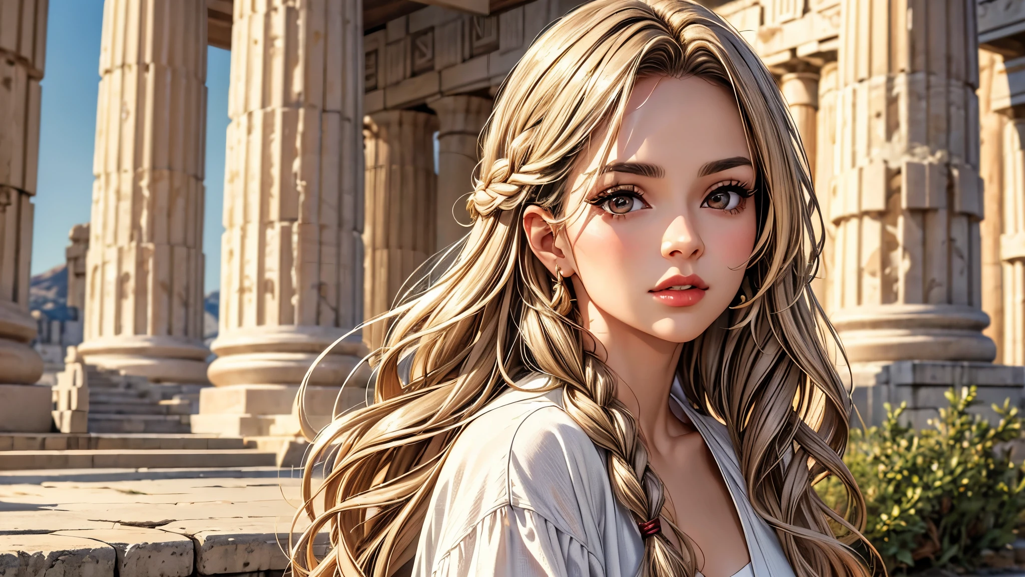 (best quality, 8K, masterpiece:1.3), pretty Woman, 1 girl, beautiful face, (Sexy), light brown gradient hair, blunt bangs wavy long hair side braids, long braid, white casual dress, Ultra-detailed face, Detailed lips, super detailed eyes, double eyelids, long upper eyelashes, Soft skin, HD skin, Mediterranean, Athens, Ancient miracles, Greek temple ruins, Giant pillars, 8k, Super detailed, best quality detail, retina, Ultra-high resolution, masterpiece, ccurate