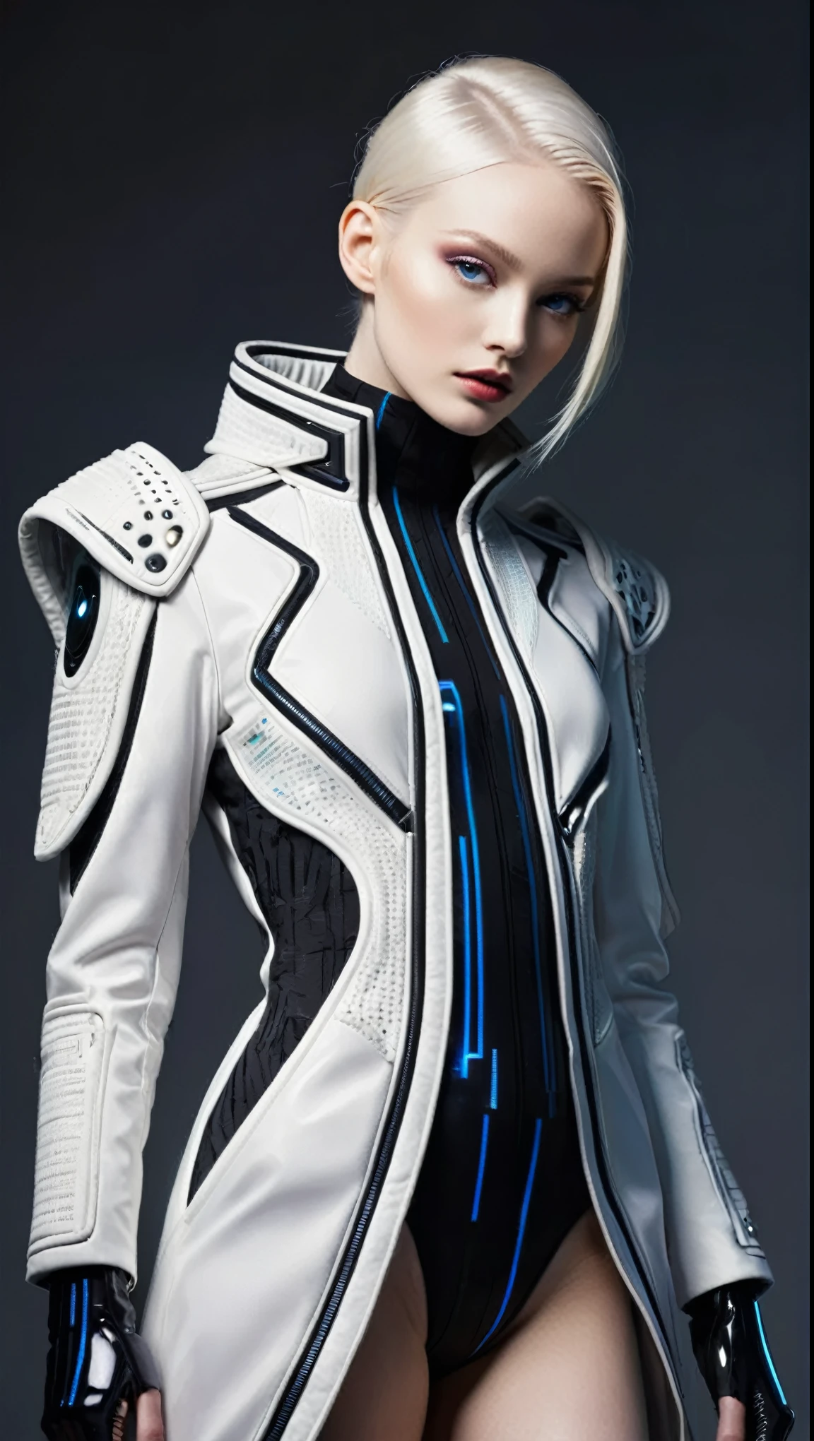 (Full-body portrait), Professional fashion photography, innovative fashion design, art, aesthetic value, hyper-realistic textures, cinematic composition, professional-grade photography, best quality, high quality, masterpiece, Ultra high-definition, 8K resolution, UHD, extremely detailed,
break
a beautiful women, perfect, super model, pale skin, perfect anatomy, elegant pose,
break
Neo-futuristic style, high-tech haute couture, sci-fi sophistication, digital decadence, futuristic minimalism, techno-glamour, interstellar fashion, holographic elegance, synthetic aesthetics, nano-fashion, bio-futurism, augmented elegance, virtual reality-inspired fashion, space-age luxury, futuristic fabric technology, cybernetic style, algorithmic design, extraterrestrial chic, utopian fashion vision, quantum couture, future fashionista, cyber fashion, dystopian elegance, virtual vogue, avant-garde, post-human chic, Harrington jacket designed by Tom Ford and by Amoako Boafo and by Kenichi Sonoda (Character Designer), break
advanced lighting techniques, high dynamic range, vivid and accurate colors, harmonious color scheme, meticulously detailed, innovative fashion styling, visually stunning, emotionally engaging, modern art influences,
break
simple background, black background, sharp focus, depth of field,
