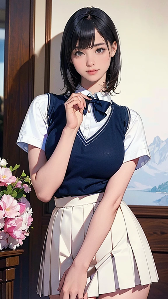 (masterpiece:1.2, Highest quality), (Realistic, photoRealistic:1.4), Beautiful illustrations, (Natural Side Lighting, Cinema Lighting), Written boundary depth, Looking at the audience, (Face Focus, Upper Body), Front view, 1 girl, Japanese, high school girl, 15 years old, Perfect Face, Symmetrical cute face, Glowing Skin, (Bob Hair:1.7,Black Hair), Asymmetrical bangs, Big eyes, Droopy eyes, long eyelashes chest), thin, Beautiful Hair, Beautiful Face, Beautiful and beautiful eyes, Beautiful clavicle, Beautiful body, Beautiful breasts, Beautiful thighs, Beautiful legs, Beautiful fingers, ((Quality fabric texture, brown knit vest, Short sleeve white collar shirt, Navy Pleated Skirt, Navy bow tie)), (Beautiful views), evening, (Inside the flower shop), Are standing, (smile, Superior, Open your mouth), (From below:1.5),(Poor visibility:1.5), (From below)