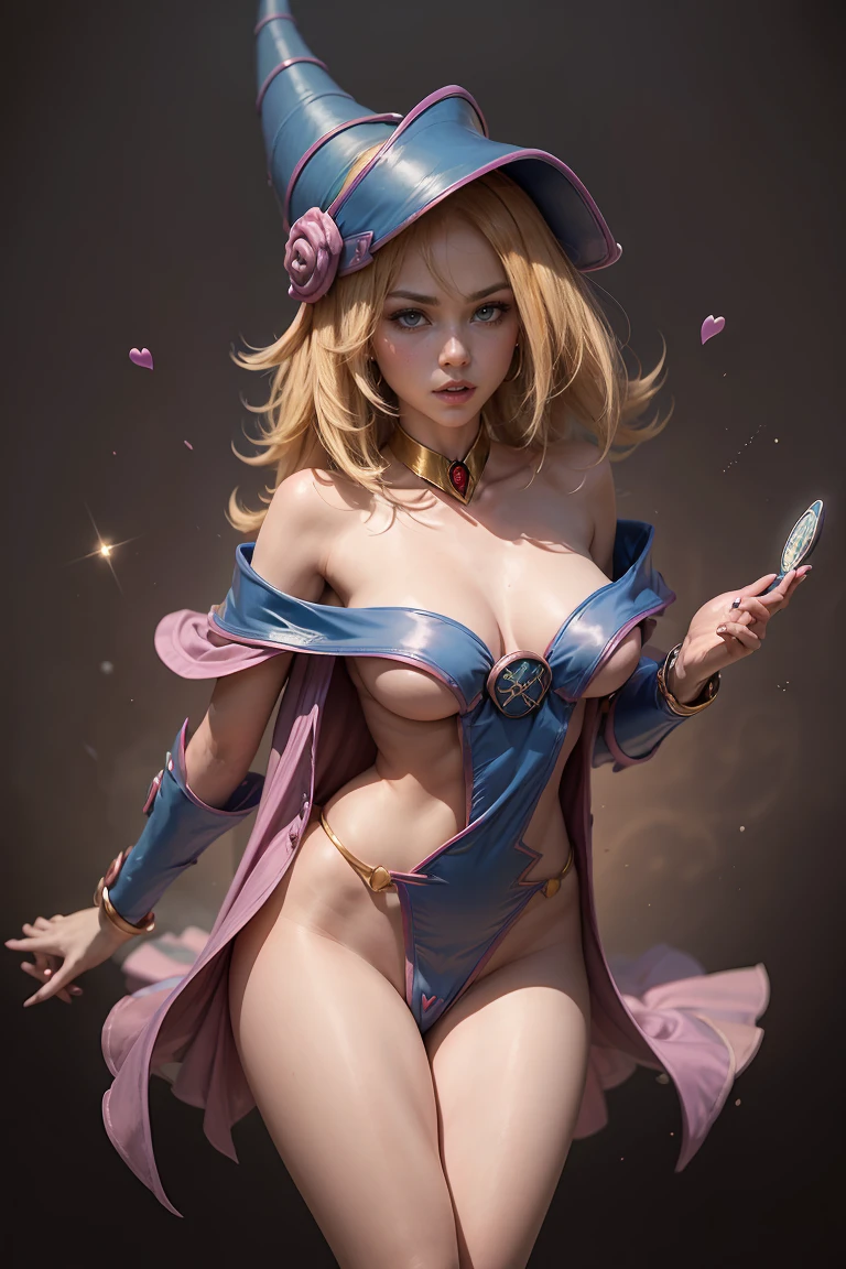 (masterpiece:1.2), (The best quality:1.2), ((small breasts)), ((thin and sexy)), ((pose sexy)), ((playboy magazine pose)), perfect lighting, Dark Magician Girl casting a spell, floating in the air, neckline, magic background. Transparent hearts in the air, blue robe, big hat, from above, Sparkles, Yugioh Card in the background