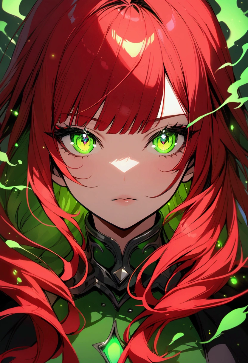 , long red hair with bangs, green smoke, green particles, eyes glowing green