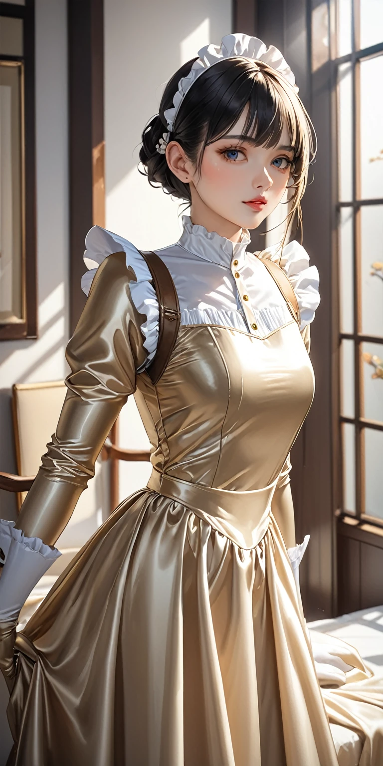 Portraiture、(masterpiece,Highest quality,Ultra-high resolution),Japanese women, (((Very beautiful 25 year old girl)))、(She is wearing a shiny pale gold satin long sleeve maid dress.)、The dress has a simple design without any patterns..、The skirt is a long skirt with frills、Satin Gloves、((Satin bodysuit))、Bright room