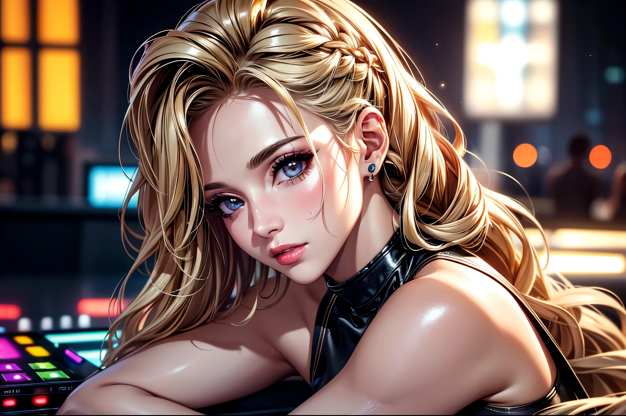 (best quality, 8K, masterpiece:1.3), pretty Woman, 1 DJ girl, beautiful face, (DJ girl at nightclub, Super popular DJ player, Enjoy operating DJ equipment:1.2), (Sexy), blonde hair, curly braided ponytail, (Stylish clothing), Wear headphones, Displaying the viewer, Focus on the venue, Ultra-detailed face, Detailed lips, super detailed eyes, double eyelids, long upper eyelashes, Soft skin, HD skin, (UHD portrait), 8k photo, depth of field, Super detailed, best quality detail, retina, Ultra-high resolution, masterpiece, ccurate