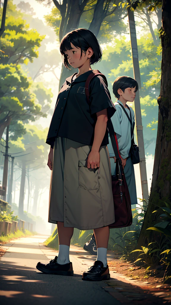 A couple is going to school in the morning. The girl is wearing small clothes, big hips, with bags behind her, and her is near trees. Moody color tone, sharpness, sunlight