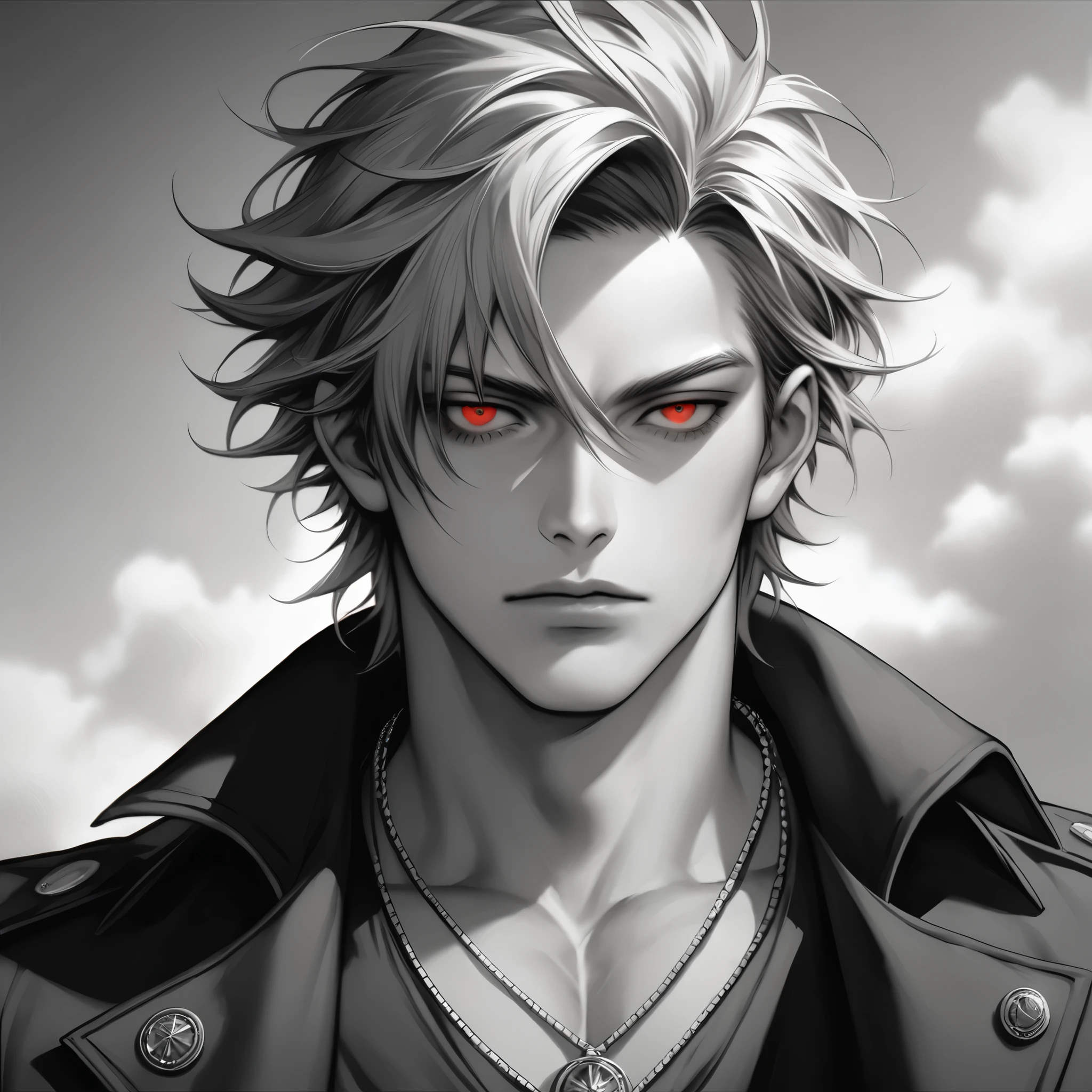 a handsome man with short black and white striped hair, sharp red eyes, wearing a black coat, in a monochrome background, dramatic lighting, cinematic, moody, high contrast, sharp focus, chiaroscuro, anime, ultra detailed, hyperrealistic, 8k, masterpiece