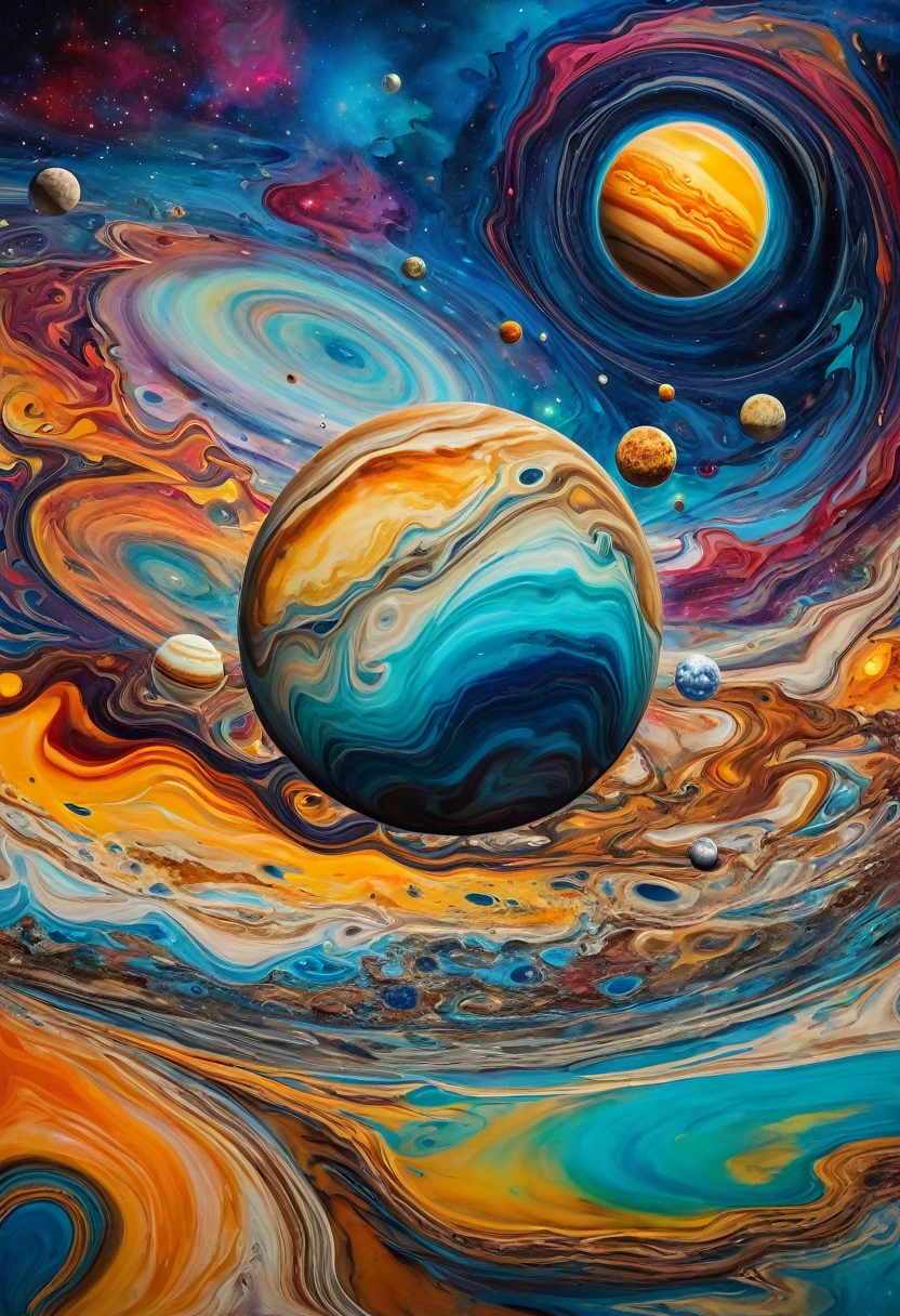 create a colorful multiverse with colorful planets,who knew jupiter,Saturn,Moon,planet Earth, Marte, a sea with melted footprints,cosmos,surrealist art, abstract, style of Dali and Edvard Munch, expressionism, some melted images,painting picture