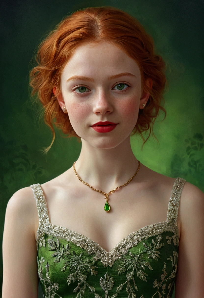portrait of a beautiful ager, small breasts, intricate dress, soft smile, red lips, ginger hair, green eyes, realism, digital painting, concept art, smooth, sharp focus, rule of thirds, Style-Psycho