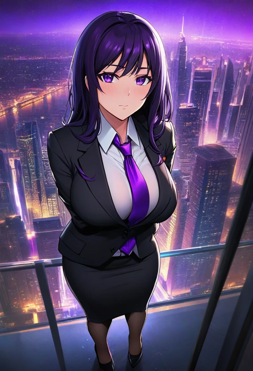 woman, very dark purple hair, purple eyes, long hair, huge breasts, black business suit, necktie, long pencil skirt, pantyhose,, standing straight, (wetting herself:1.5), best quality, ultra-detailed, HDR, studio lighting, professional, vivid colors, sharp focus, bokeh, landscape, office, night, window, cityscape, colorful city, neon lights, futuristic, science fiction, soft lighting, dynamic shadows, embarrassed, humiliation, blushing, angry, tears, facing viewer, (hands on hips:1.5)