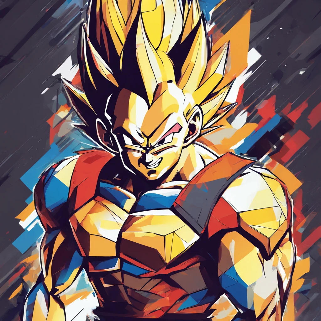 Drawing of Vegeta from Dragon Ball Z. In futuristic abstract painting. He is angry. Ultra HD 4K profile view