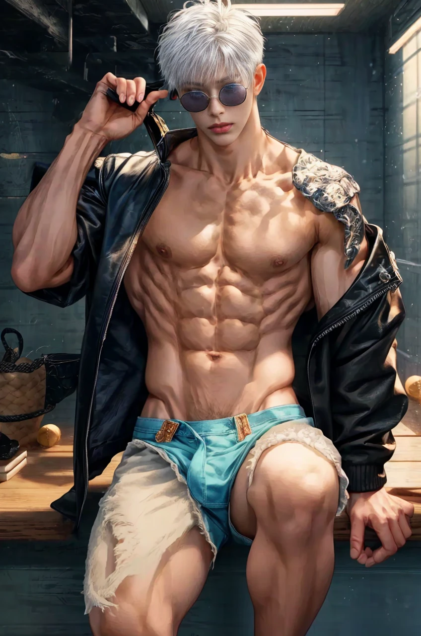 Japanese male model, adult, handsome, perfect face, detailed eyes and face, clean shaved, sixpack realistic, white eyebrow hair, white eyelashes, dynamic lighting, unreal engine 5, hd picture, satoru gojo, white hair, short hair ,hair between eyes ,blue eyes, white skin, Leather jacket, sunglasses, Short jeans