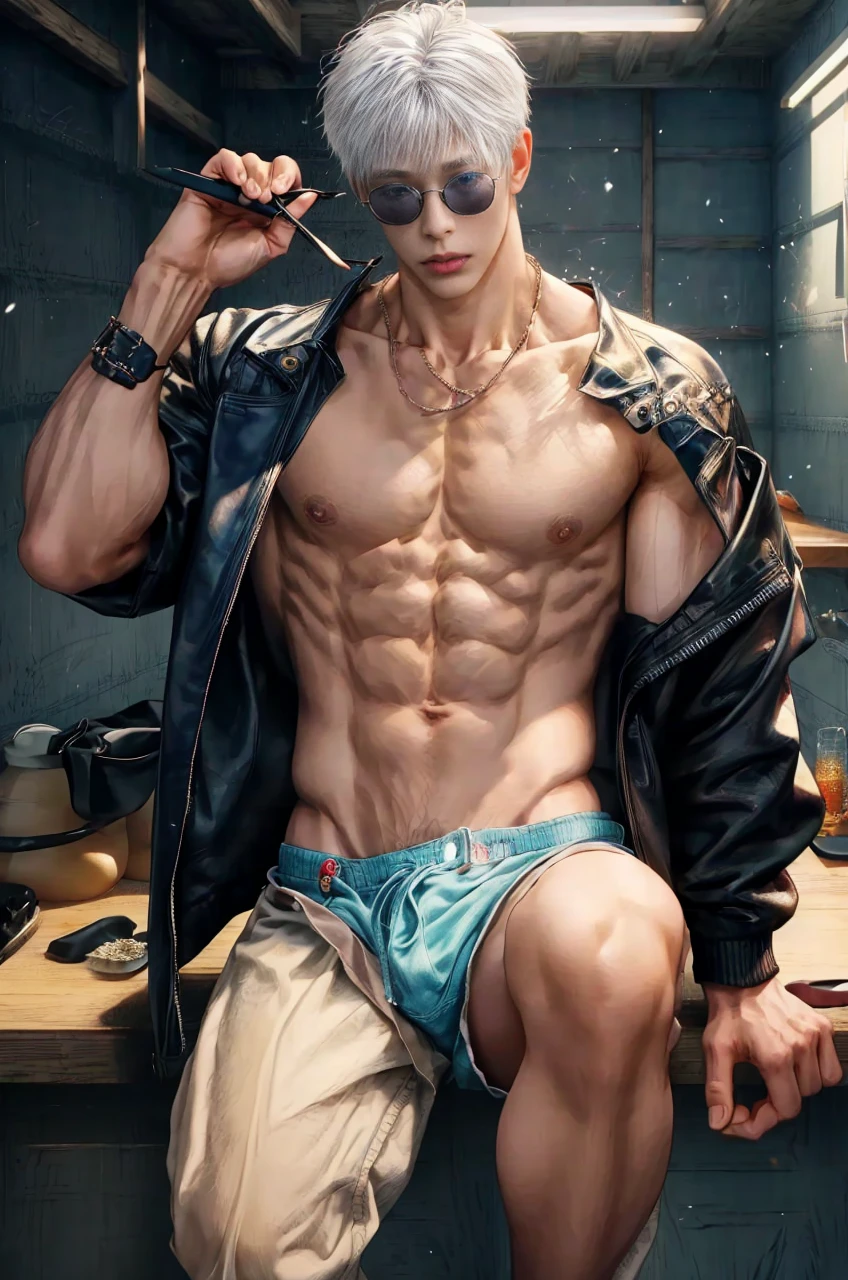Japanese male model, adult, handsome, perfect face, detailed eyes and face, clean shaved, sixpack realistic, white eyebrow hair, white eyelashes, dynamic lighting, unreal engine 5, hd picture, satoru gojo, white hair, short hair ,hair between eyes ,blue eyes, white skin, Leather jacket, sunglasses, Short jeans
