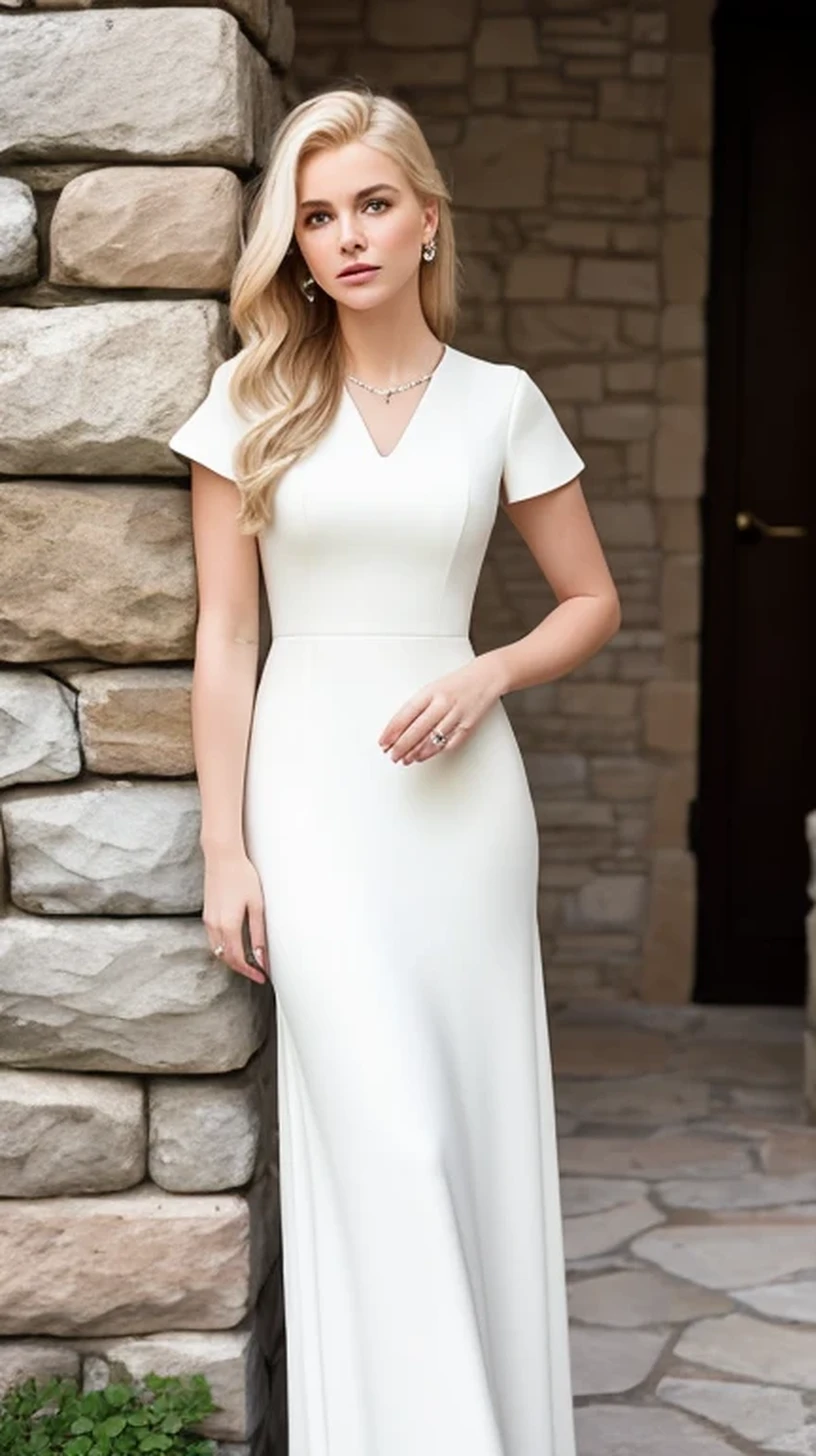 a 21 year old girl, blonde in a white dress leaning against a stone wall, an album cover famous phtografer, trending on pexels, renaissance, with sleek lines and a powerful,  wearing modest simple clothes, simple cream dress, perfectly poised, wearing stunning ivory dress, wearing ivory colour dress, bone dress