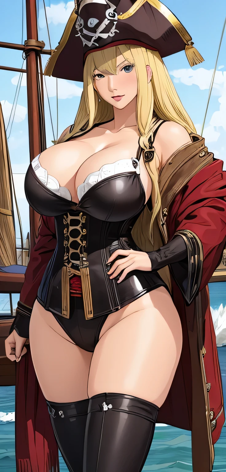 beautiful detailed 25 years old female japanese, wearing Pirate Attire: A rugged, pirate-inspired outfit with a tricorn hat, boots, and a corset, beautiful face, shiny white skin, blonde hair, curvy body, ultra large saggy breasts, massive cleavage exposed, ship background