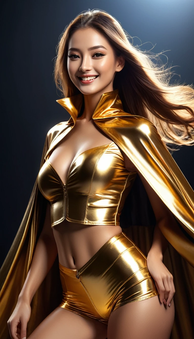 (RAW photo, best quality, masterpiece, ultra-detailed, high res), (realistic),(extremely delicate and beautiful:1), mesmerizing woman with long hair in sleek high ponytail , (((wearing glossy golden cloak fastened at the neck :1.20))), crop top and hotpants , detailed features, smiling expression of feelings, imaginative, highly detailed, extremely high-resolution details, photographic, realism pushed to extreme, fine texture, 4k, ultra-detailed, high quality, high contrast, full body shot