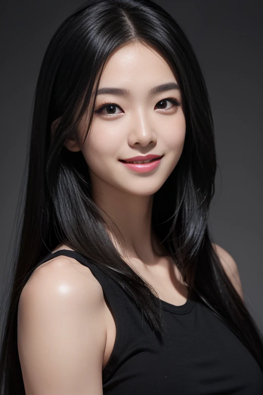 masterpiece, best quality, photorealistic, raw photo, 1girl, Black Long hair, Large breast, Black Muscle Shirt , light smile, detailed skin, pore, simple background, Upper-body, facing the viewer, close-up