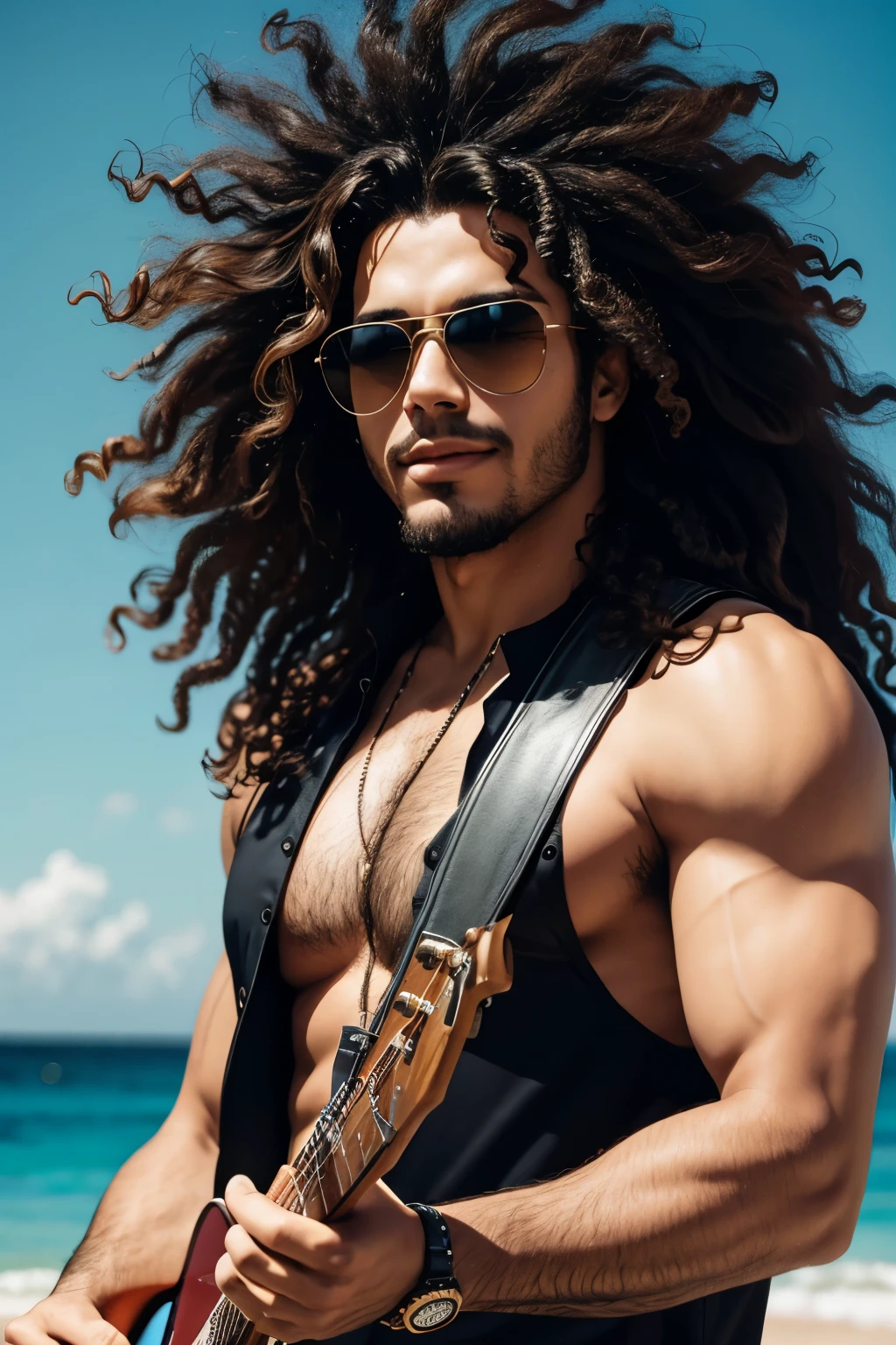 Brunette brazilian man with afro wavy hair near sunglasses and strong rocker
