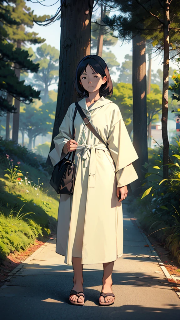 A couple is going to school in the morning. The girl is wearing small clothes, big hips, with bags behind her, and her is near trees. Moody color tone, sharpness, anime look 