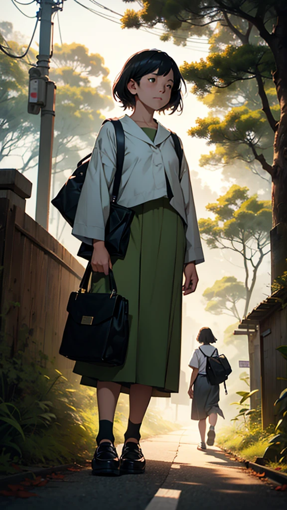 A couple is going to school in the morning. The girl is wearing small clothes, big hips, with bags behind her, and her is near trees. Moody color tone, sharpness, anime look