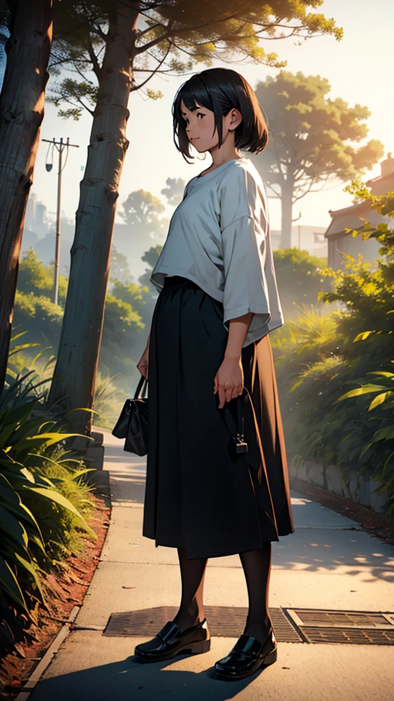 A couple is going to school in the morning. The girl is wearing small clothes, big hips, with bags behind her, and her is near trees. Moody color tone, sharpness, anime look 