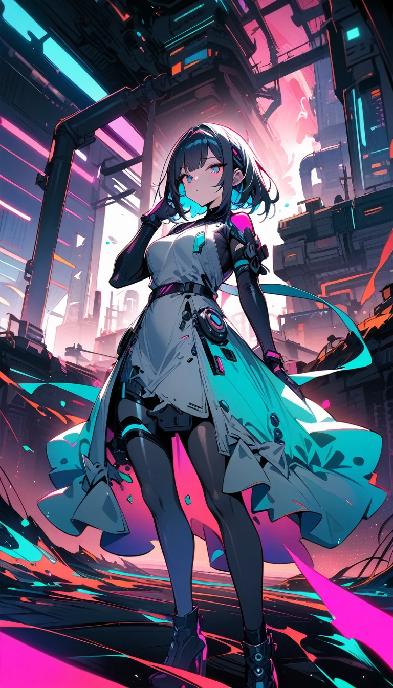 ((best quality)) , ((masterpiece)) , (detailed),Color splash, (((1girl))) , wearing Shabby Chic Wrap dress, has metallic plating, Colored hair, ((Fossil fuel power station)) in background, futuristic style. sleek, modern, ultramodern, high tech, detailed