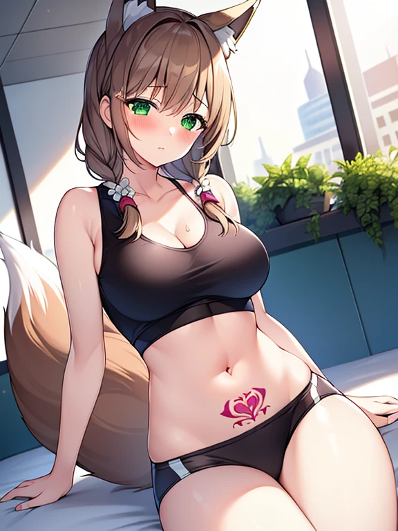 masterpiece, Highest quality, Highest Resolution, One girl, alone, Oversized fox tail，Green Eyes，(Long brown hair_Sideways French braided hair)，Small flower head dress, (Age 27，Busty Wife)_Mature female figure_F Cup，modern architecture，(Blushing:1.3),Represents medium , On the stomach_Succubus Tattoo, Mature Woman, sexy sports vest