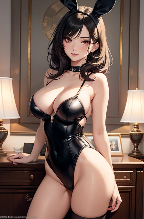 masterpiece, best quality, best lighting, shadows, portrait, perfect anatomy, , 1 girl, adult anime girl, 21 years old, bunny girl, bunny uniform, allure, eroticre featuretty face, pretty lips, pretty eyes, black short hair, red eyes, seductive eyes, blushing, flirty, pretty smile, huge ass, breast, thighseducspicy, hot, flirty, nsfw,