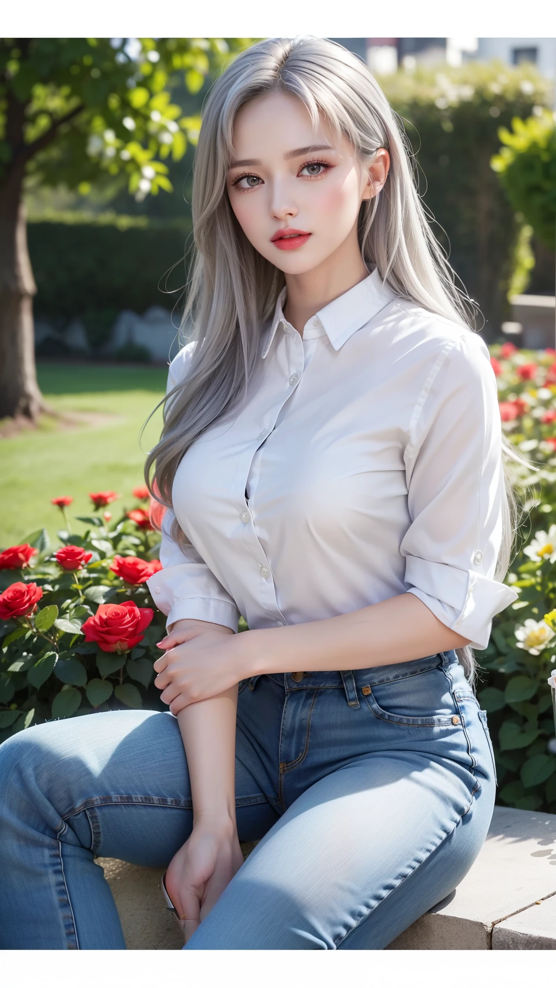 ((Girl taking care of flowers in the garden))、top quality work,Actual work,Ultra Premium Graphics,8K HD CG works,High quality graphics,High-definition CG works,super fine details:1.1,Advanced technical details:1.1Photo-realistic,Natural light:1.5. light effect(virtual light effect:1.8),超A high resolution,長いsilver hair,silver hair,transparent hair,high detail hair(premium hair detail:1.1)clear eyes,beautiful double eyelids,sharp eye makeup, delicate eyelash makeup, thin eyebrows, highly detailed eyes,high nose, nice red lips, rose cheeks, A face with delicate makeup , cute face, perfectly proportioned face,(Advanced facial details:1.1),shiny,summer sexy、((whiteTshirt)),((Jeans tiletto heels,woman'artwork of,full body figure,realism,wonderful,My eyes are shining today