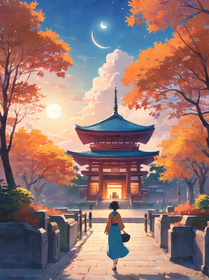 the poster for an autumn festival with a temple, moon in the sky, in the style of gauzy atmospheric landscapes, romantic illustration, precisionist art, illustration, traditional color scheme, high-contrast shading, tropical landscapes