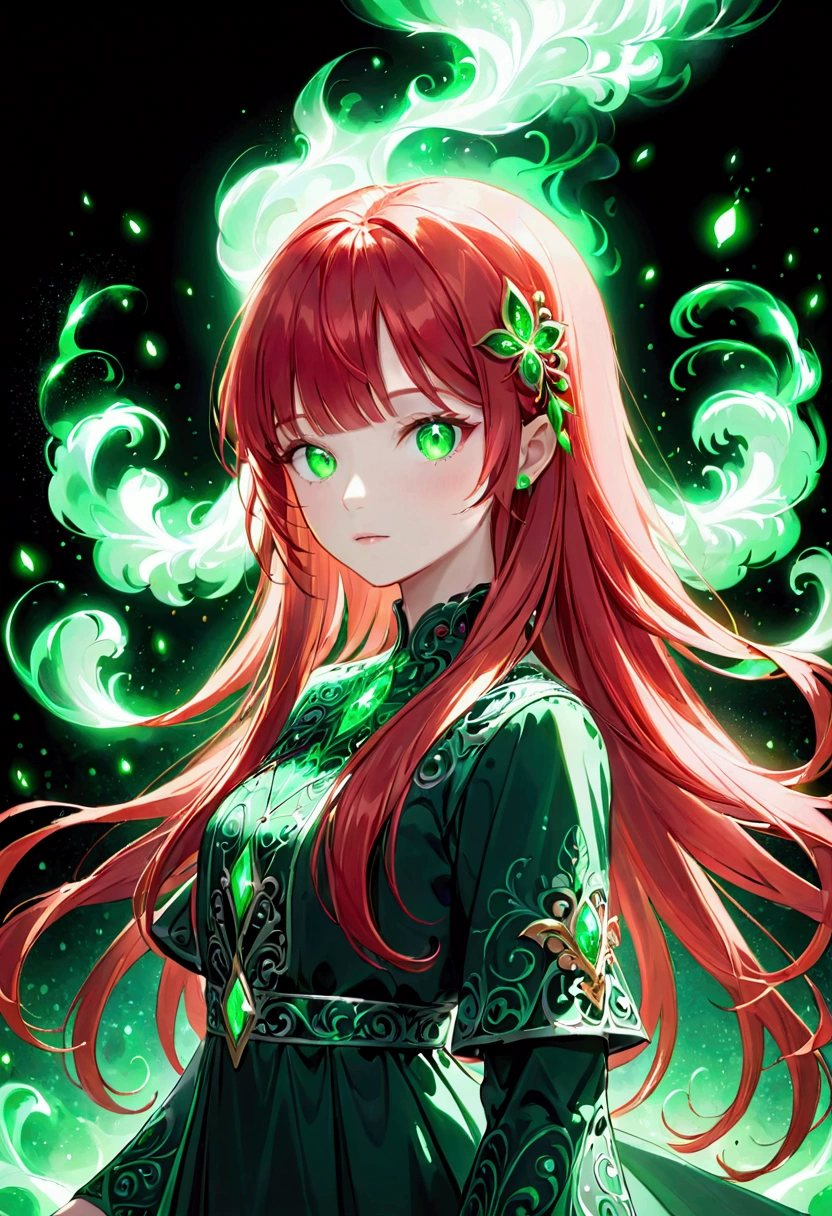 , long red hair with bangs, green smoke, green particles, eyes glowing green