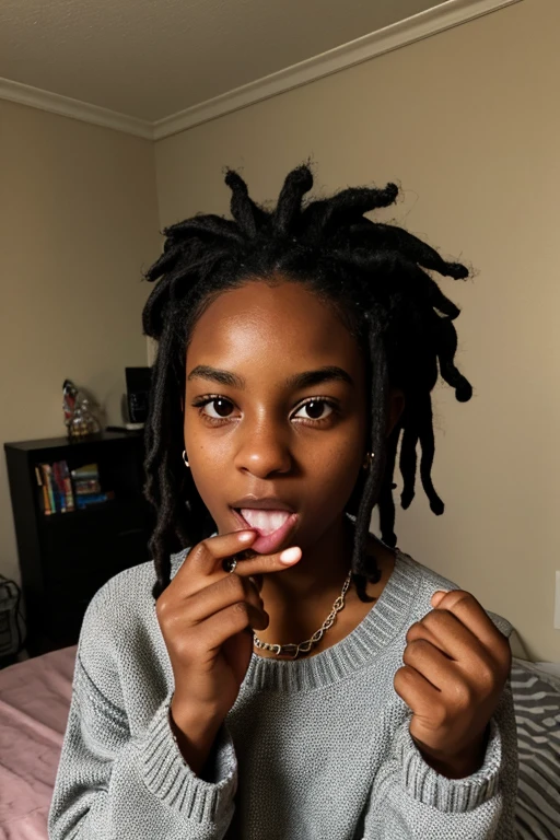 20 year old black guy, black hair short dreads, looking at viewer, eyes reflections of light, jewelry, photo realistic, nose, flirting with camera and holding the screen looking at viewer, scared mouth open, face only, bedroom background, sweater