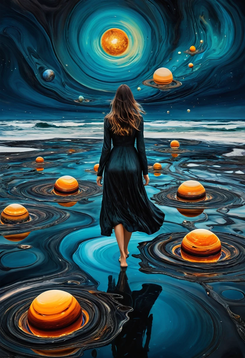 create a dark multiverse with planets, a very beautiful woman walking on a melted sea,cosmos,surrealist art, abstract, style of Dali and Edvard Munch, expressionism, some melted images,painting picture