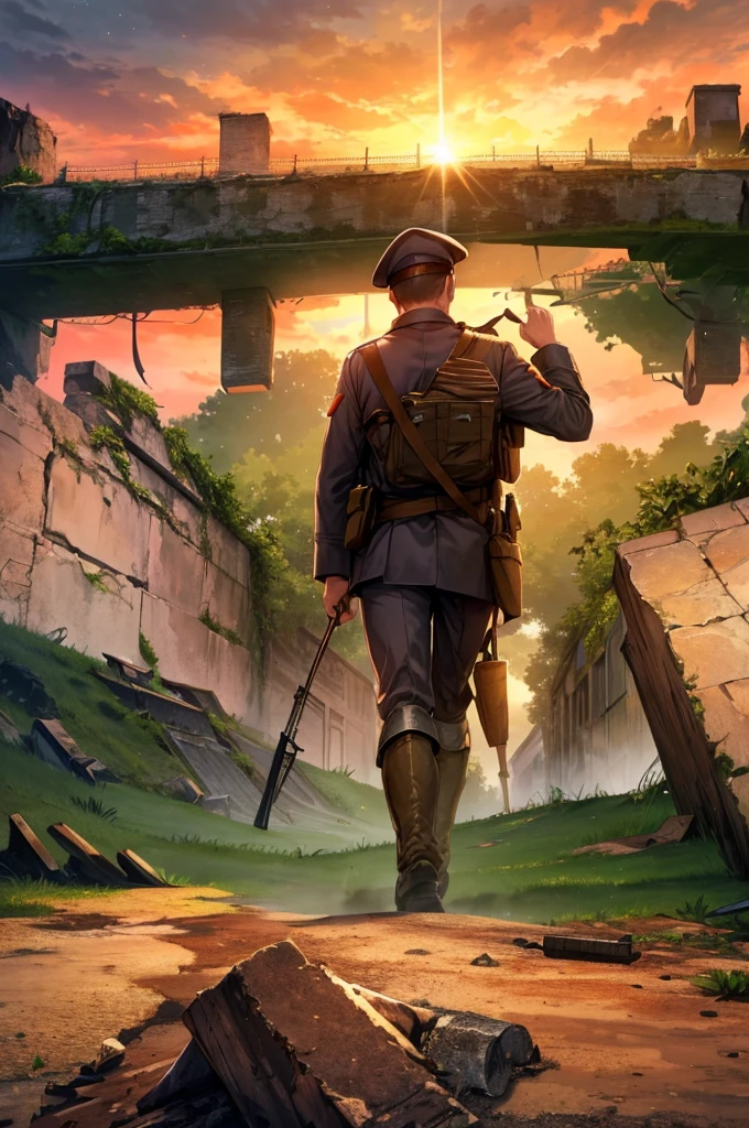 3d Create a scene set in the Second World War of brave soldiers on the battlefield in different scenarios, reflective and historical atmosphere, German invasion Ruined city, battlefield, ruins, smoke, orange sky, dust, radiation, Starry sky, from below, Wide-angle lens, movie lighting, vague, Ultra wide angle, best quality, 8k