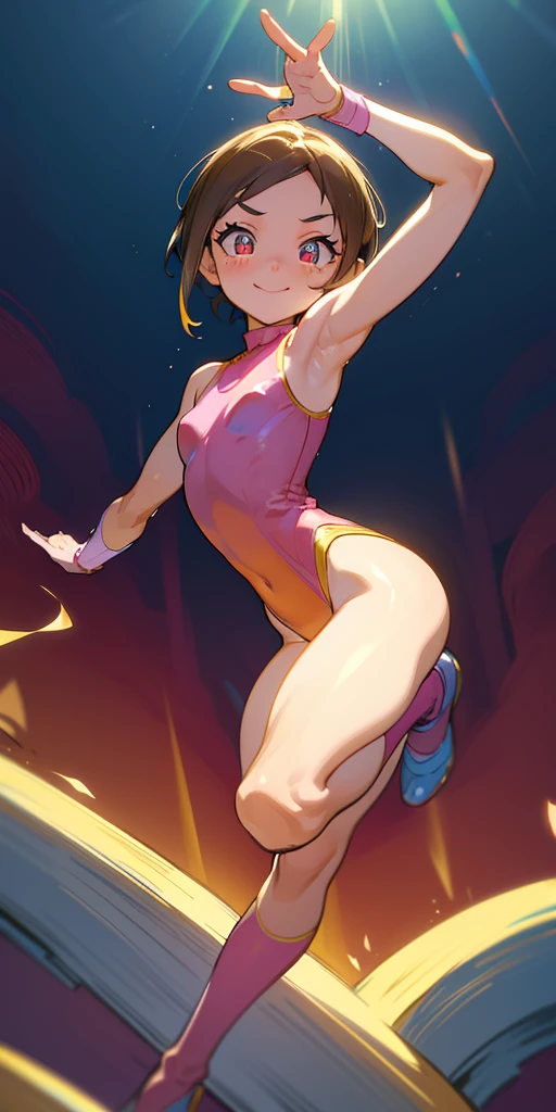 beautiful 1child gymnast leotard, extremely detailed face and eyes, long eyelashes, dynamic pose, colorful leotard, soft lighting, vibrant colors, cinematic lighting, 16k , hyper detailed, masterpiece, award winning smile happy beautiful face