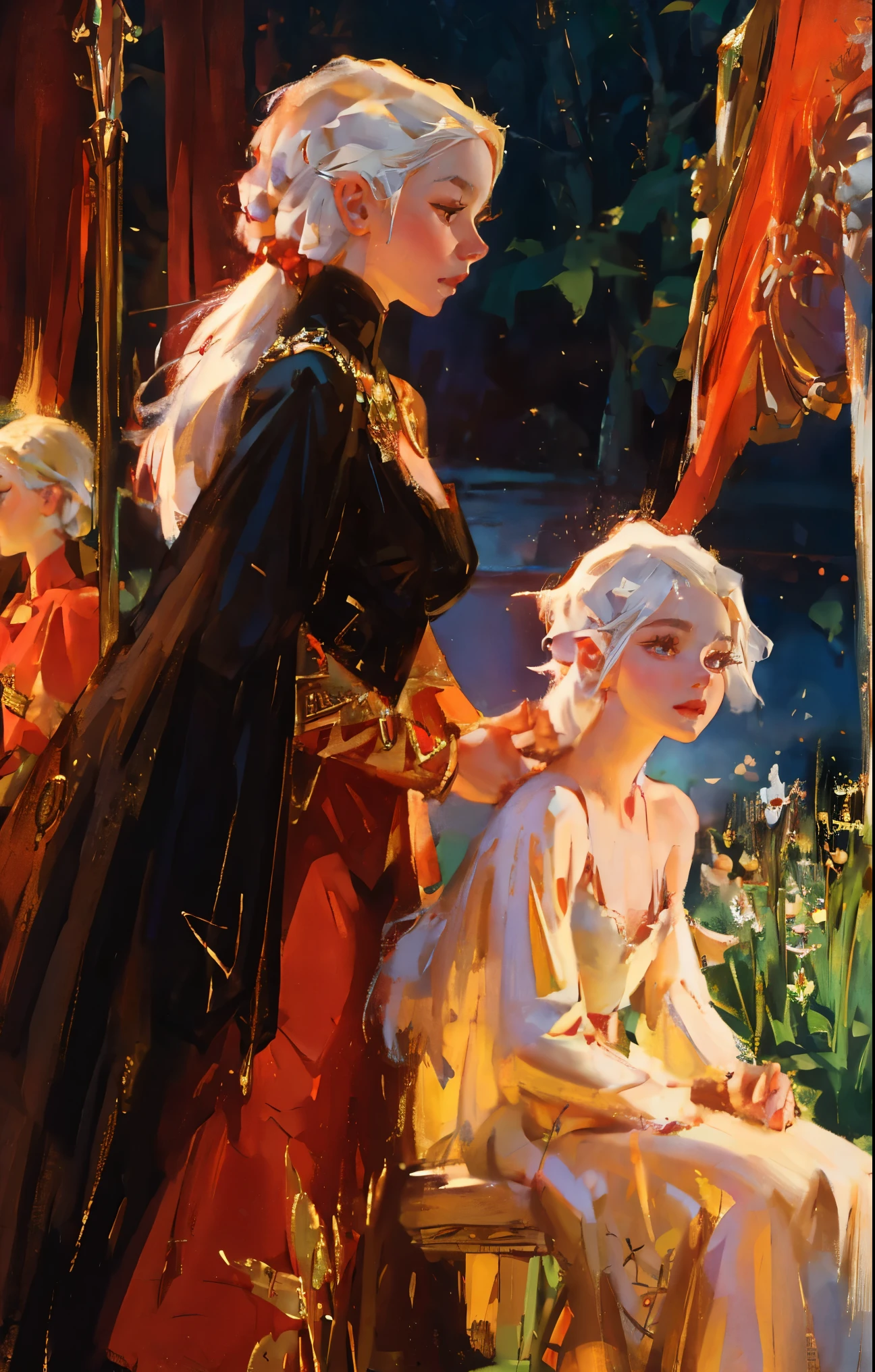 fantasy, princess Targaryen, full-length, garden, girl, with white hair, face looks like Daenerys|Natalie Portman, in a red and black dress embroidered with gold threads of rubies and diamonds with her eyes open, hd