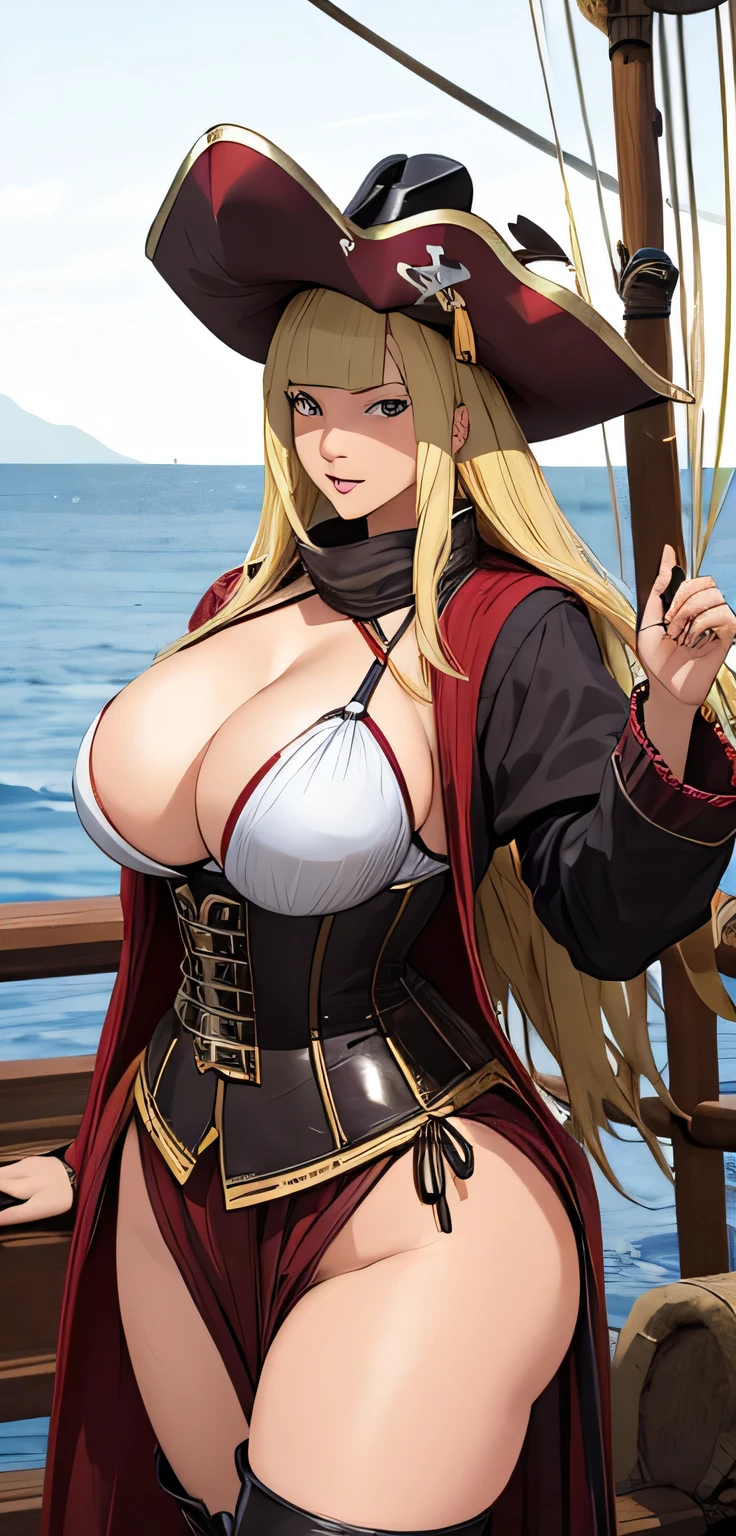 beautiful detailed 25 years old female japanese, wearing Pirate Attire: A rugged, pirate-inspired outfit with a tricorn hat, boots, and a corset, beautiful face, shiny white skin, blonde hair, curvy body, ultra large saggy breasts, massive cleavage exposed, ship background